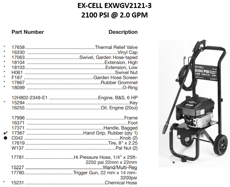 EXCELL EXWGV2121-3 power washer repair kits & manuals